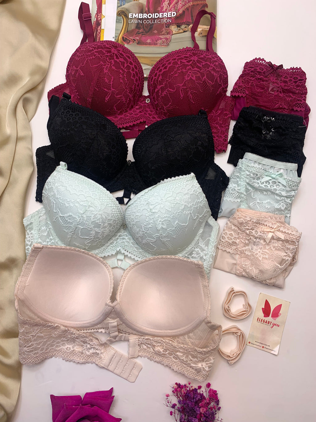 Bridal Lace Pattern Padded Pushup Wire Bra & Matching Underwear (009)