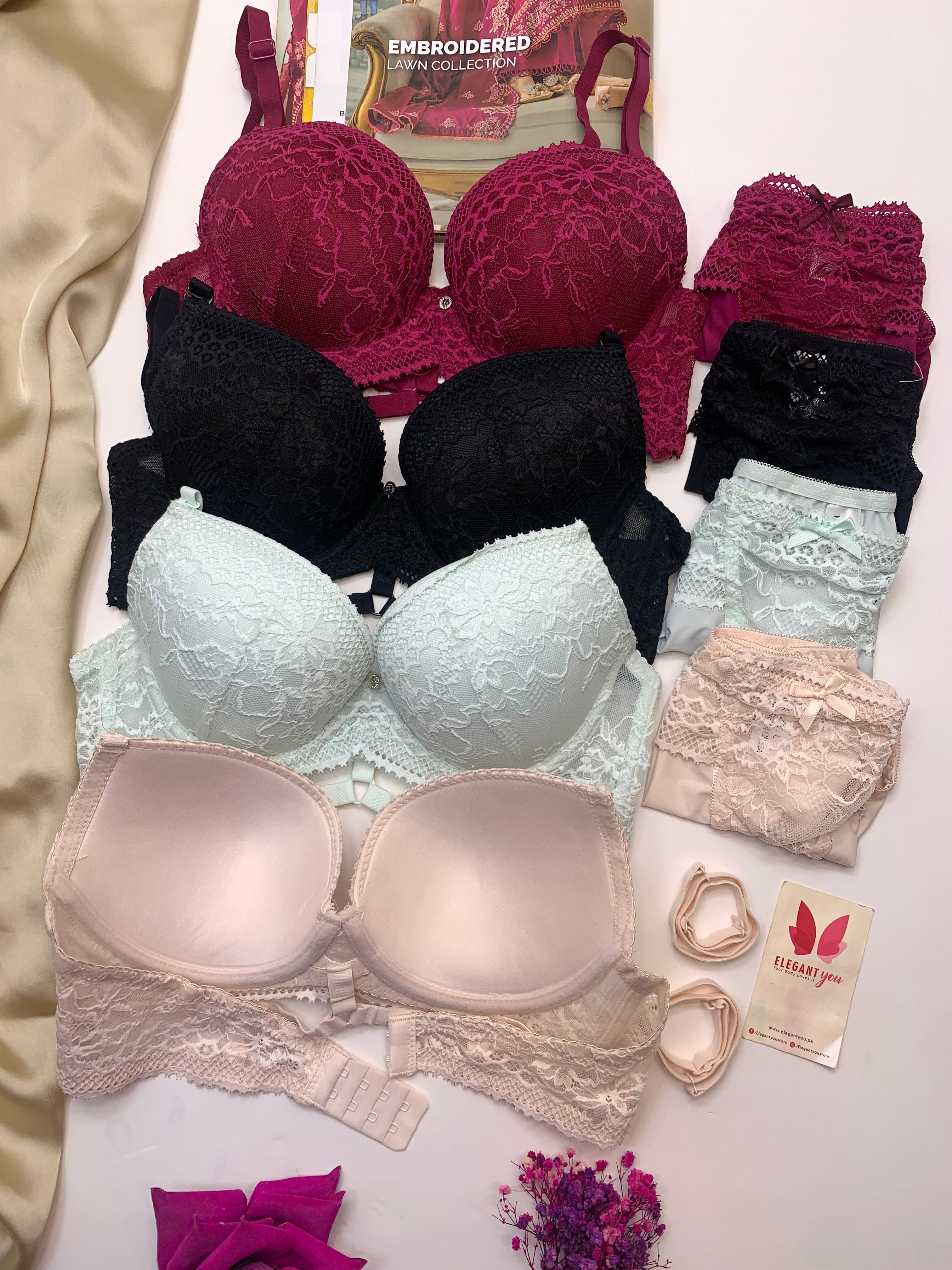 Bridal Lace Pattern Padded Pushup Wire Bra & Matching Underwear (009)