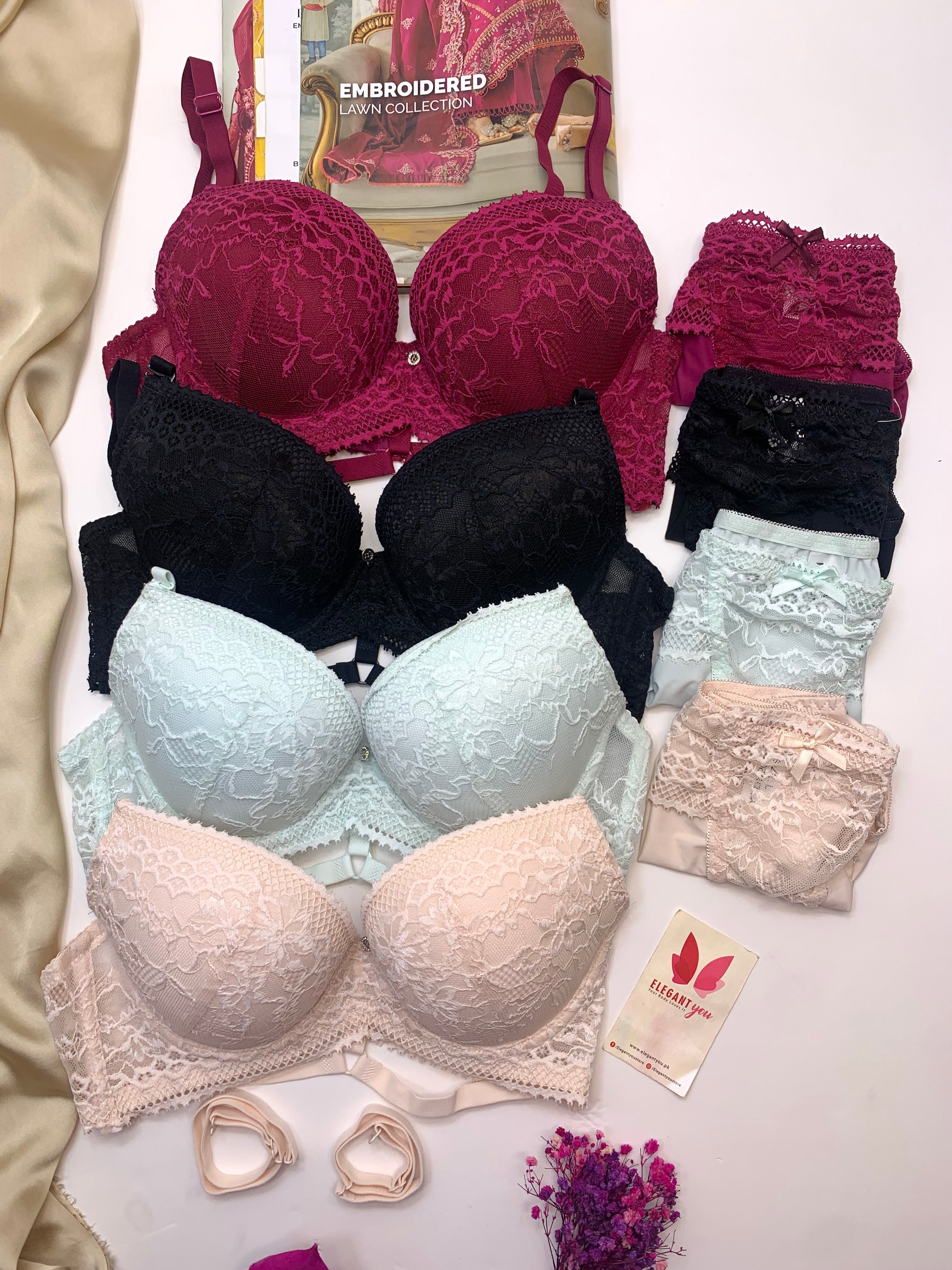 Bridal Lace Pattern Padded Pushup Wire Bra & Matching Underwear (009)