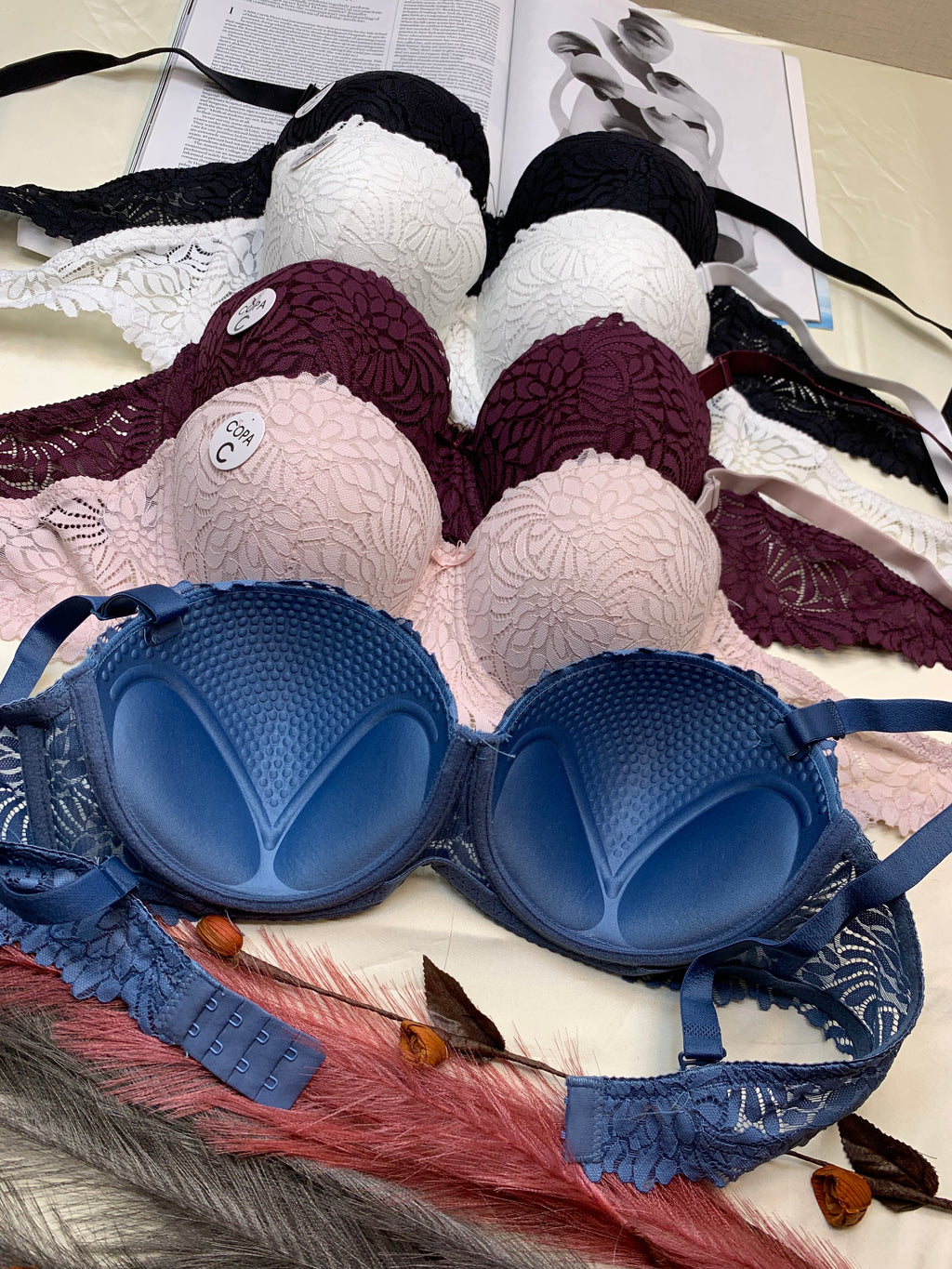 C Cup Size Half Cup Shape Padded Push up Wired Flower Pattern Bra