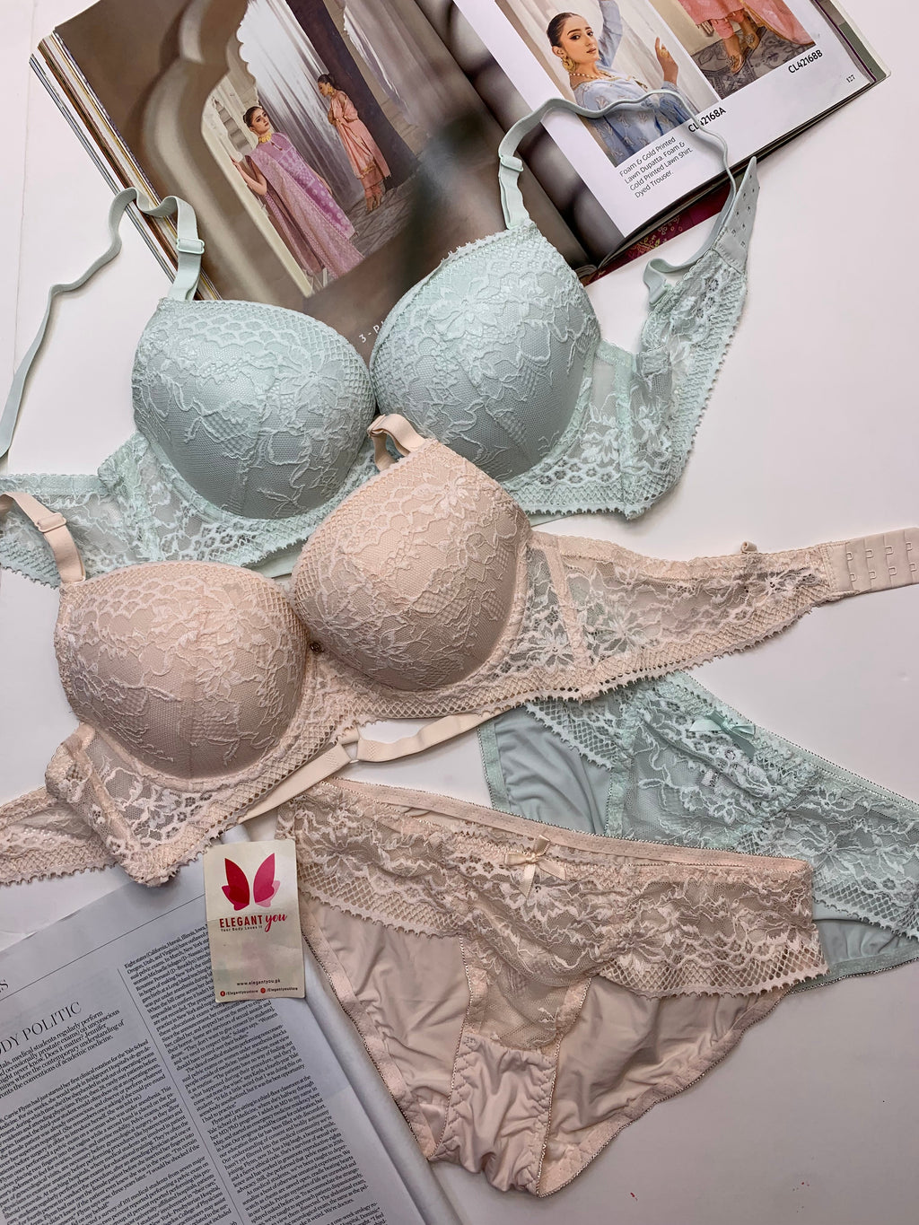 Bridal Lace Pattern Padded Pushup Wire Bra & Matching Underwear (009)