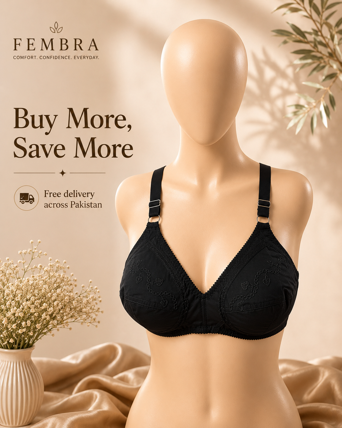 Pure Cotton Comfort Bra — Black | Non-Padded Wireless