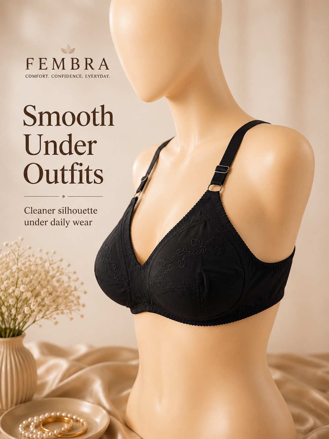 Pure Cotton Comfort Bra — Black | Non-Padded Wireless