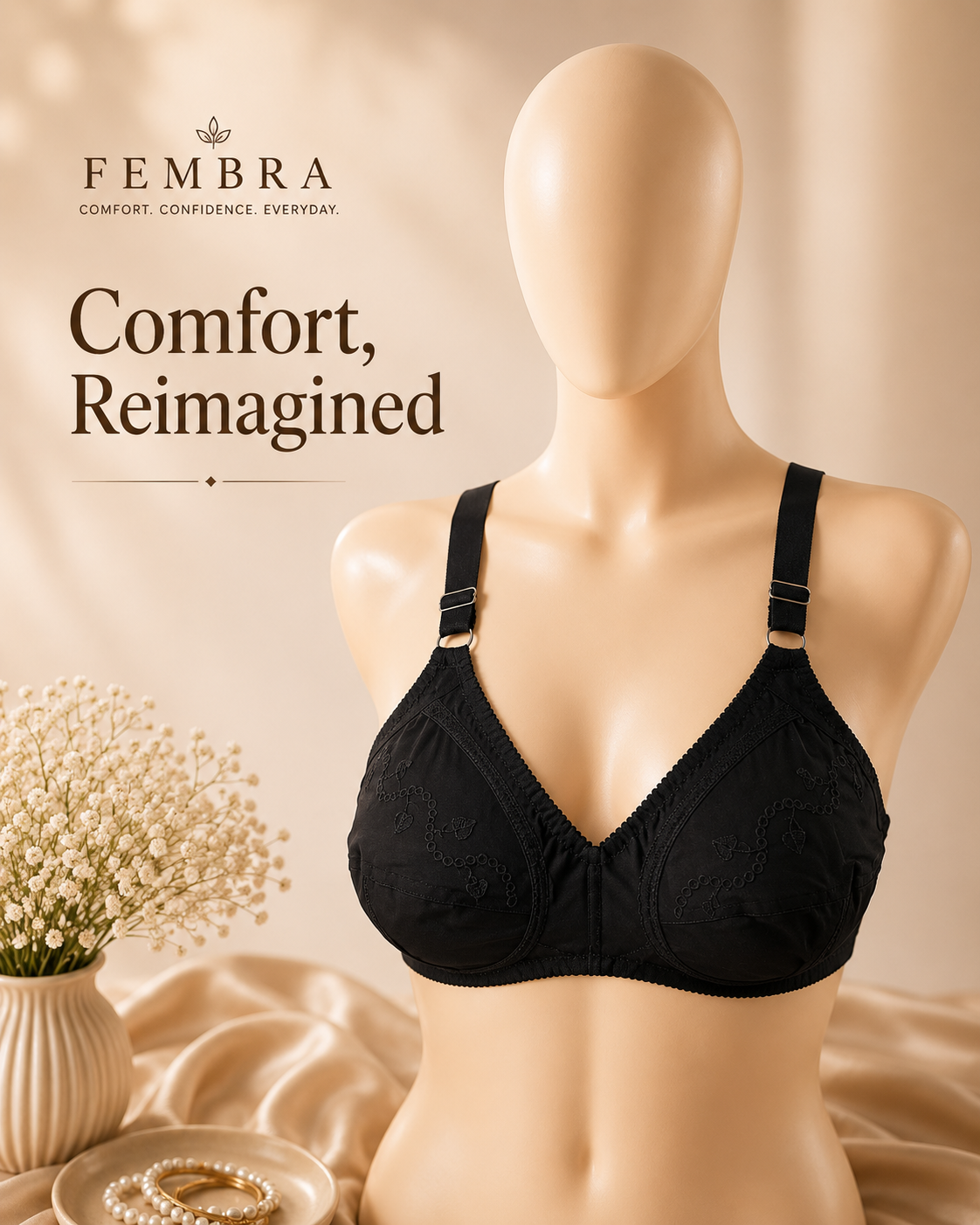 Pure Cotton Comfort Bra — Black | Non-Padded Wireless