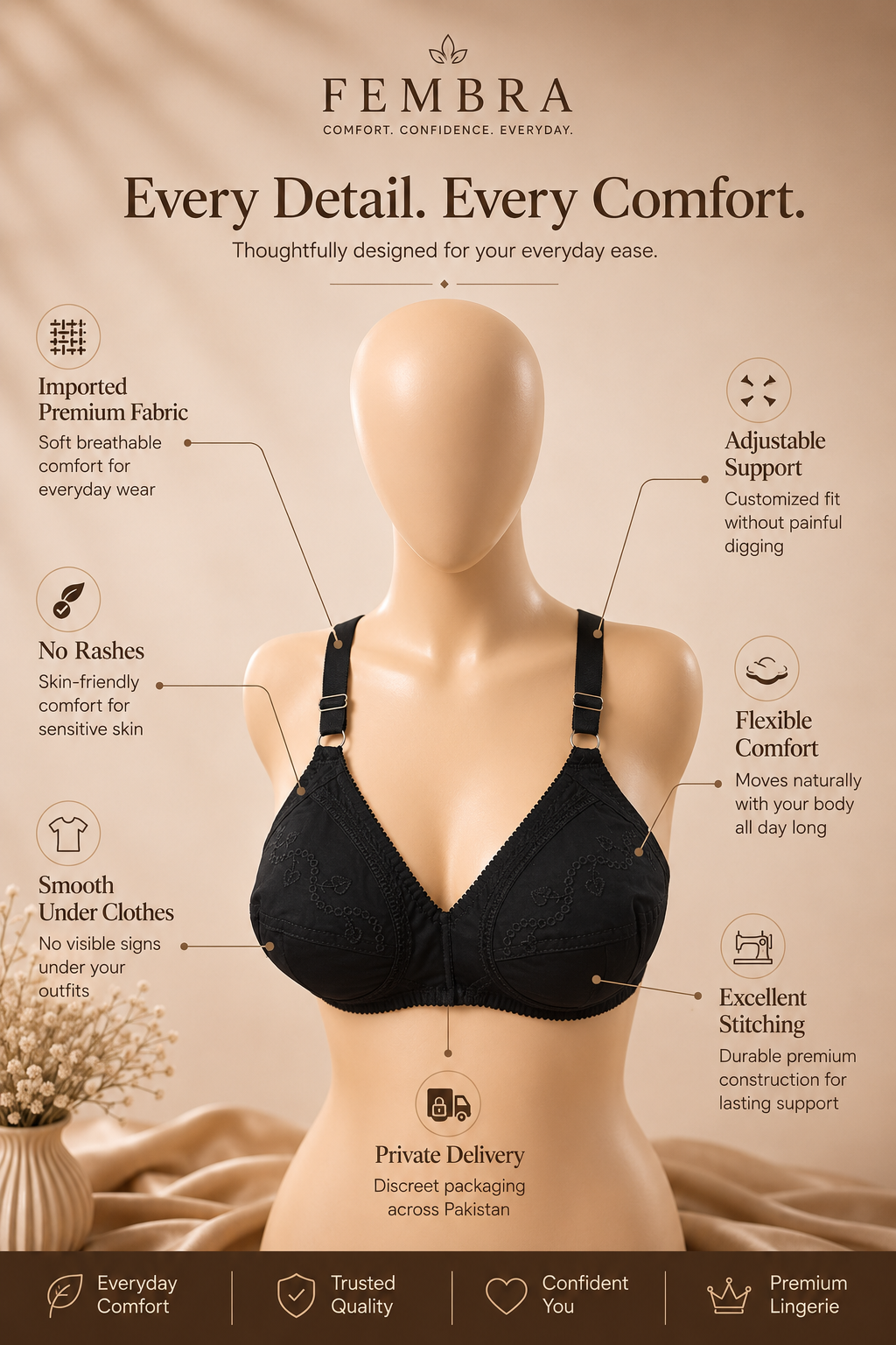 Pure Cotton Comfort Bra — Black | Non-Padded Wireless