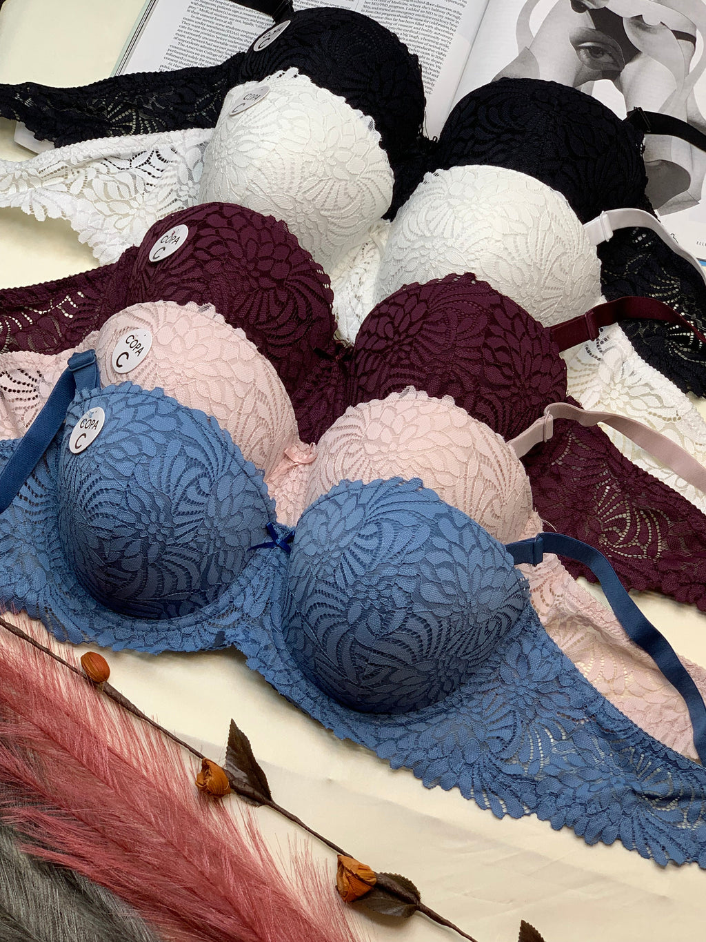 C Cup Size Half Cup Shape Padded Push up Wired Flower Pattern Bra