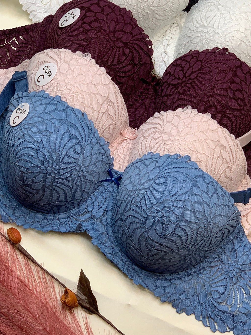 C Cup Size Half Cup Shape Padded Push up Wired Flower Pattern Bra