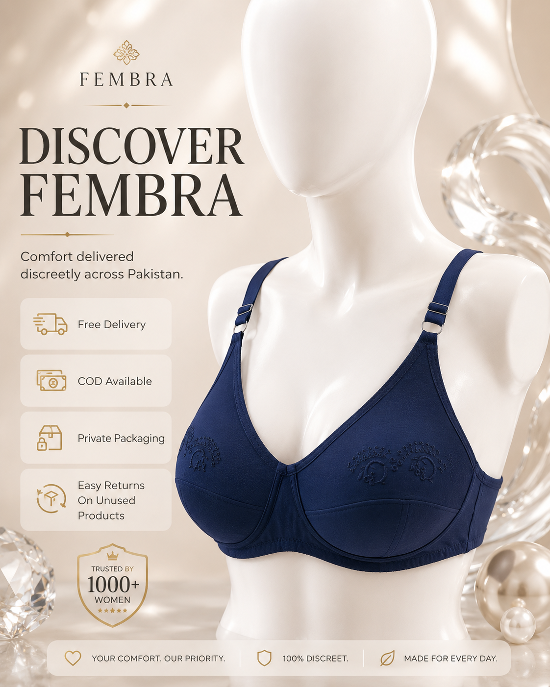 Summer Hosiery Bra — Navy Blue | Non-Padded Wireless