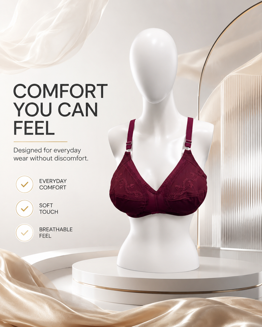 Pure Cotton Comfort Bra — Maroon | Non-Padded Wireless