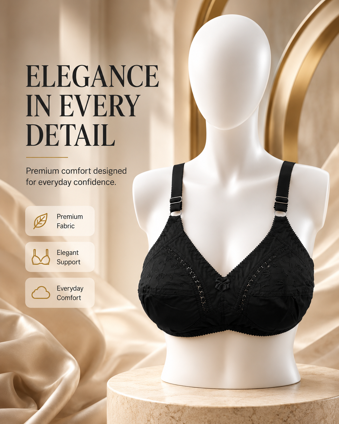 Doria Cotton Embroidered Bra — Black | Non-Padded Wireless