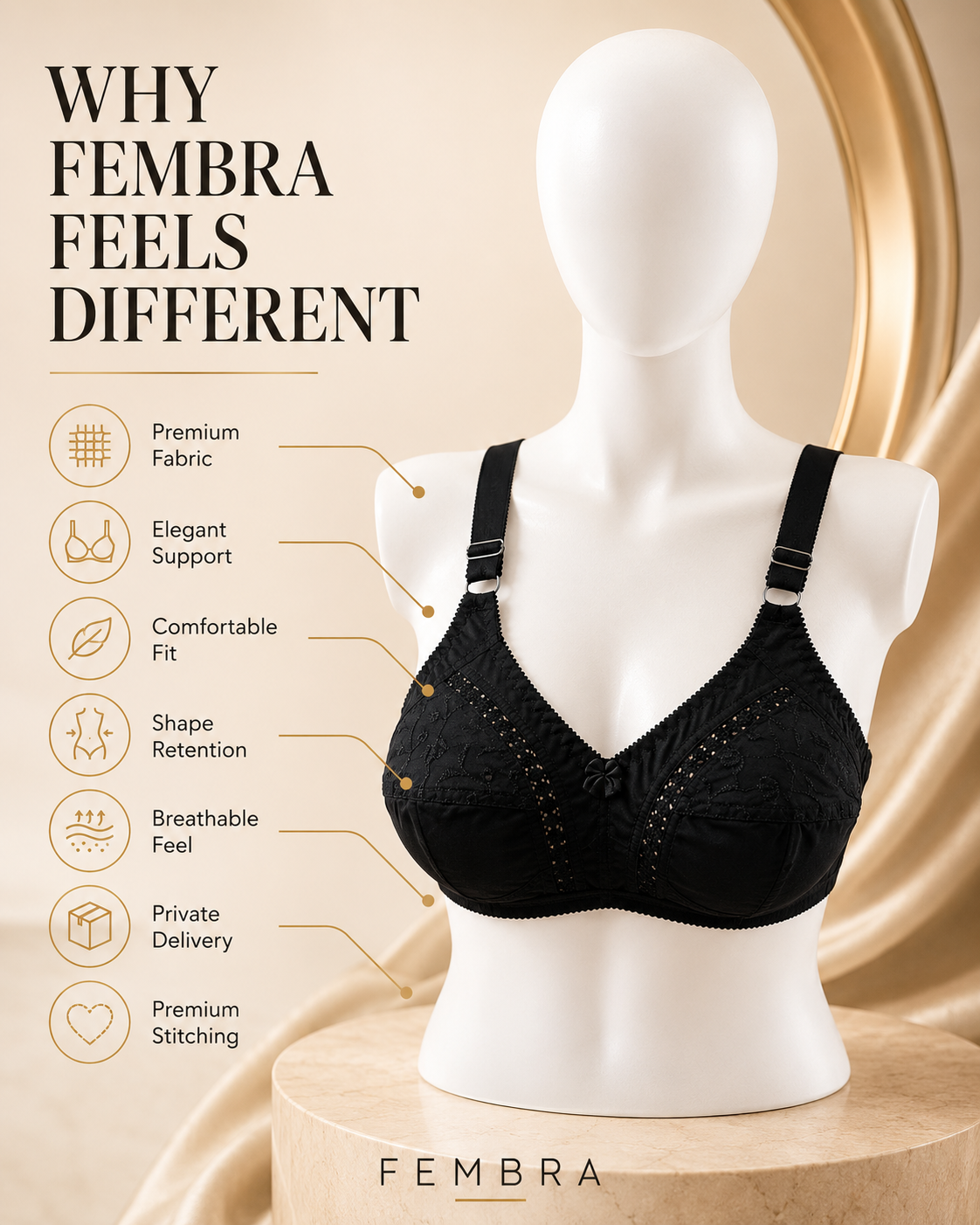 Doria Cotton Embroidered Bra — Black | Non-Padded Wireless