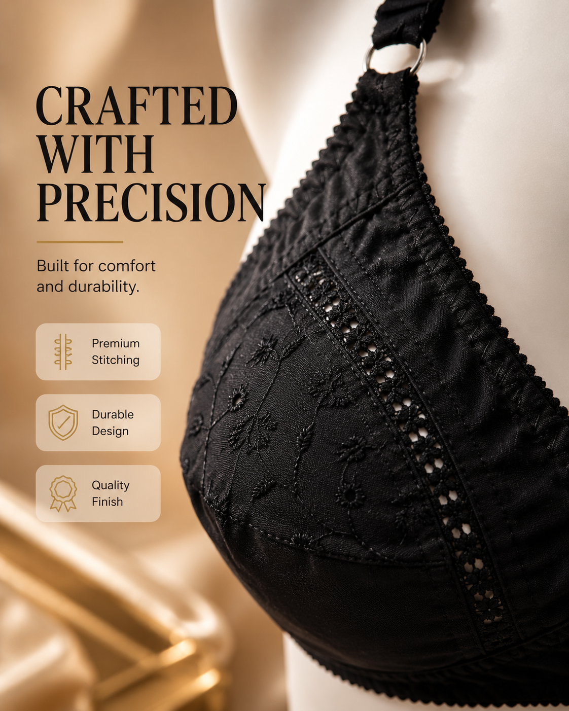 Doria Cotton Embroidered Bra — Black | Non-Padded Wireless