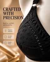 Doria Cotton Embroidered Bra — Black | Non-Padded Wireless