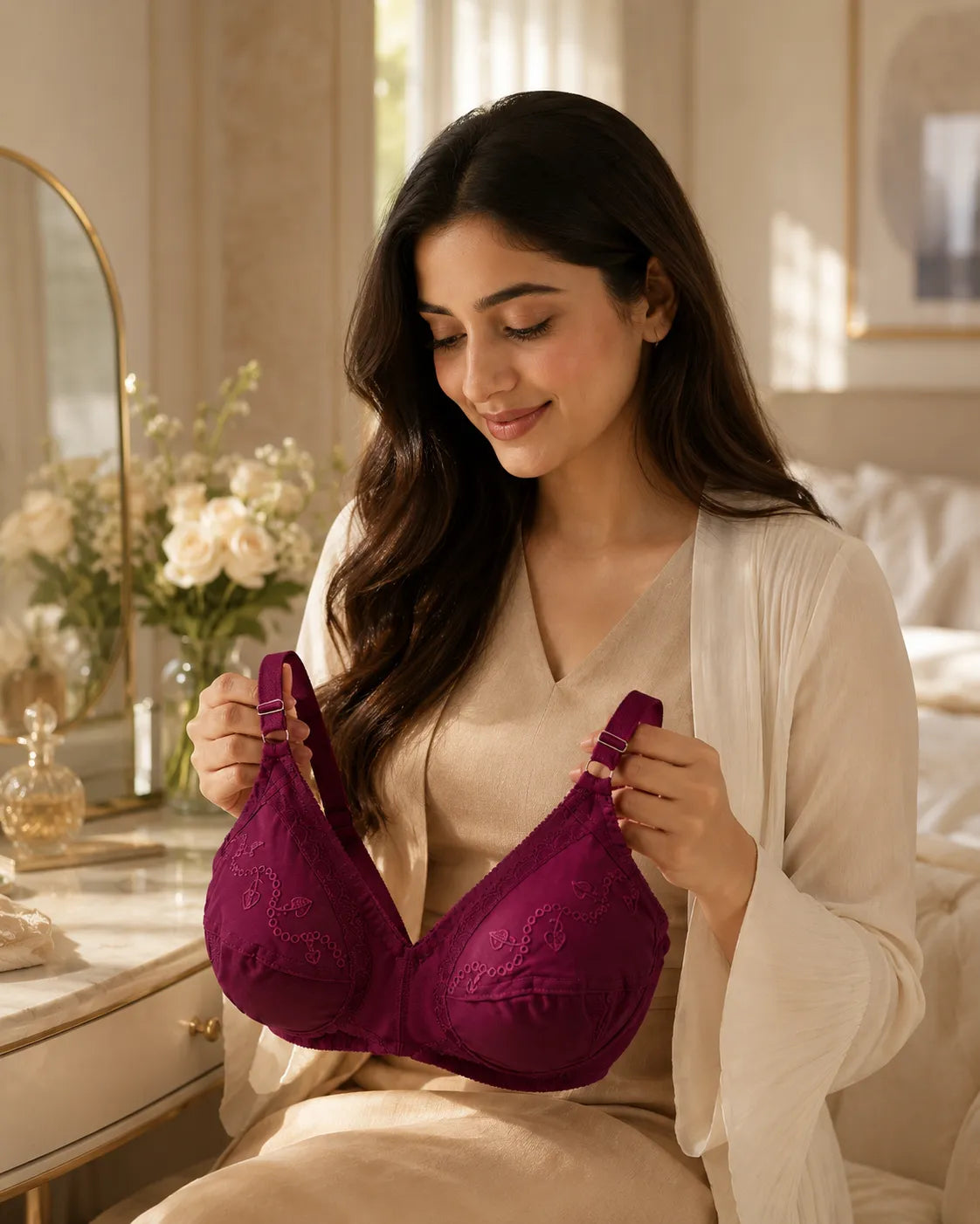 Woman holding a purple bra in a well-lit room with decorative elements.