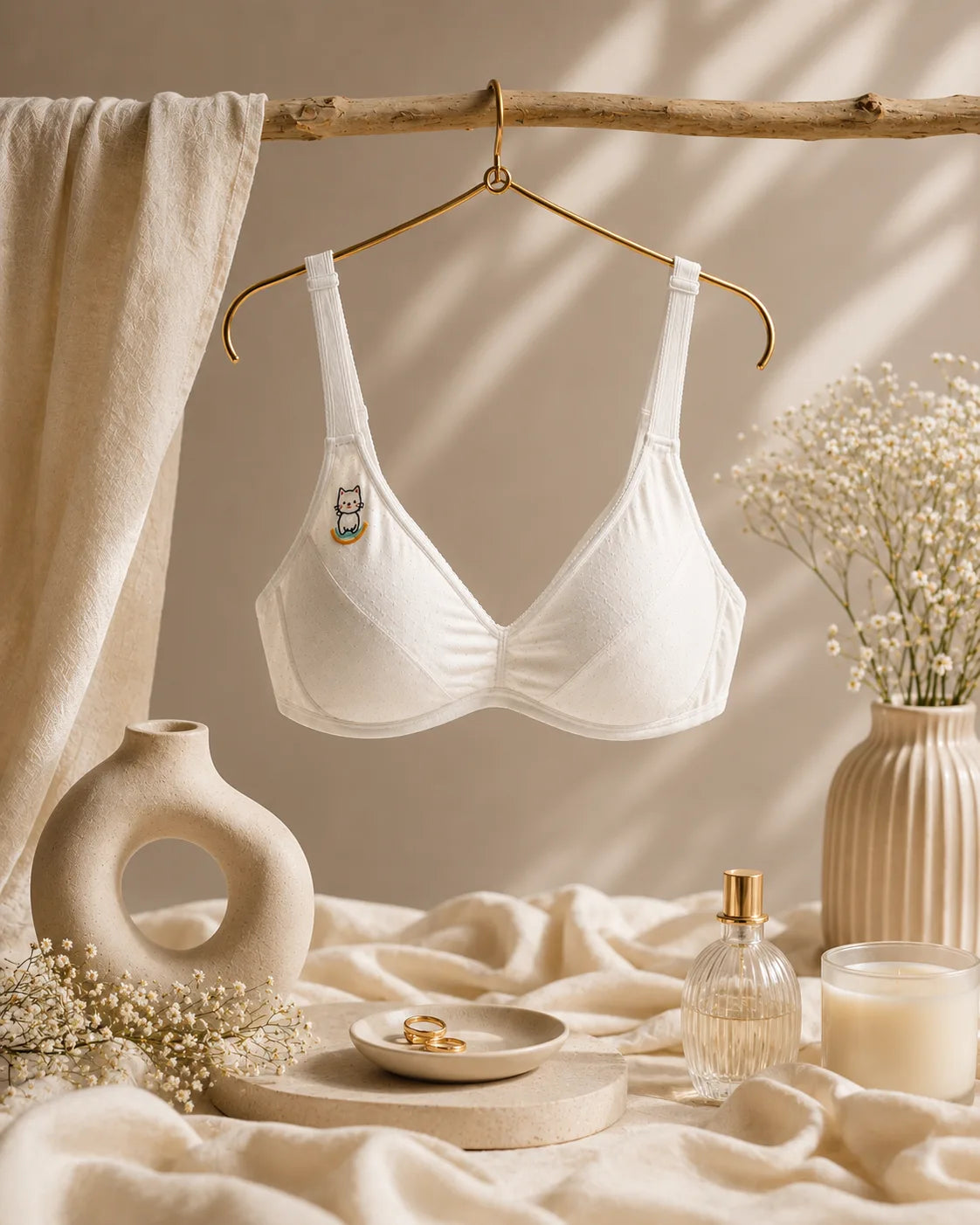 White bra hanging on a hanger with decorative items on a neutral background