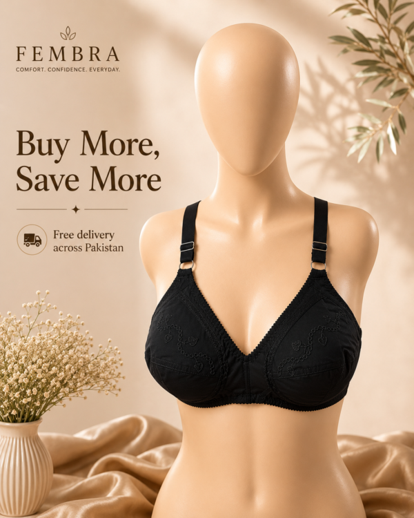 Pure Cotton Comfort Bra Pakistan — Black | Non-Padded Wireless | FEMBRA Pure Cotton Comfort Bra Pakistan — Black | Non-Padded Wireless | FEMBRA